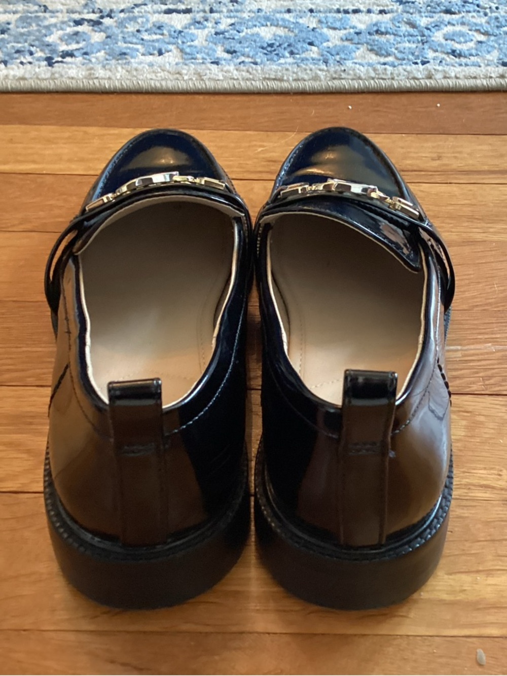 Sam Edelman Black Patent Loafers with Gold Chain Detail - Picture 2 of 3